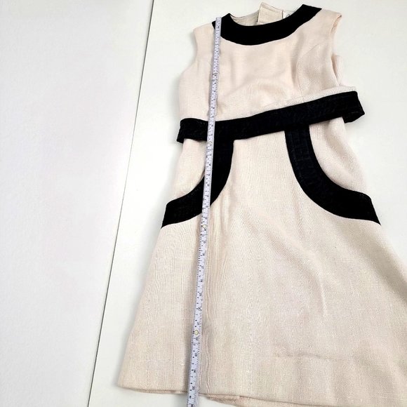 Pab Ltd RARE 60s Cream Black Faux Leather Accented Button Back Dress Size Small - Picture 7 of 12